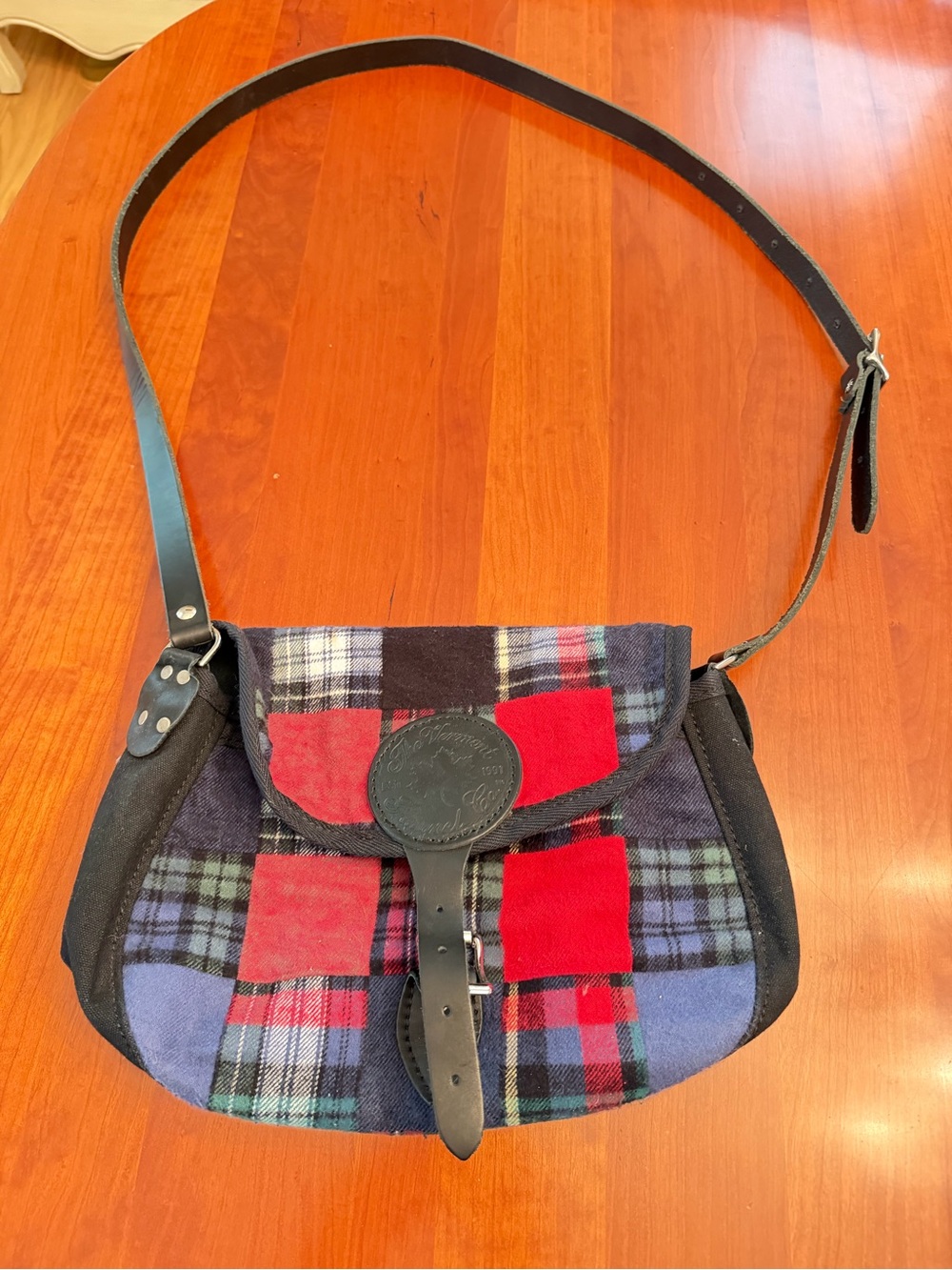Plaid Red & Navy Flannel and Leather-Trim Crossbody Bag